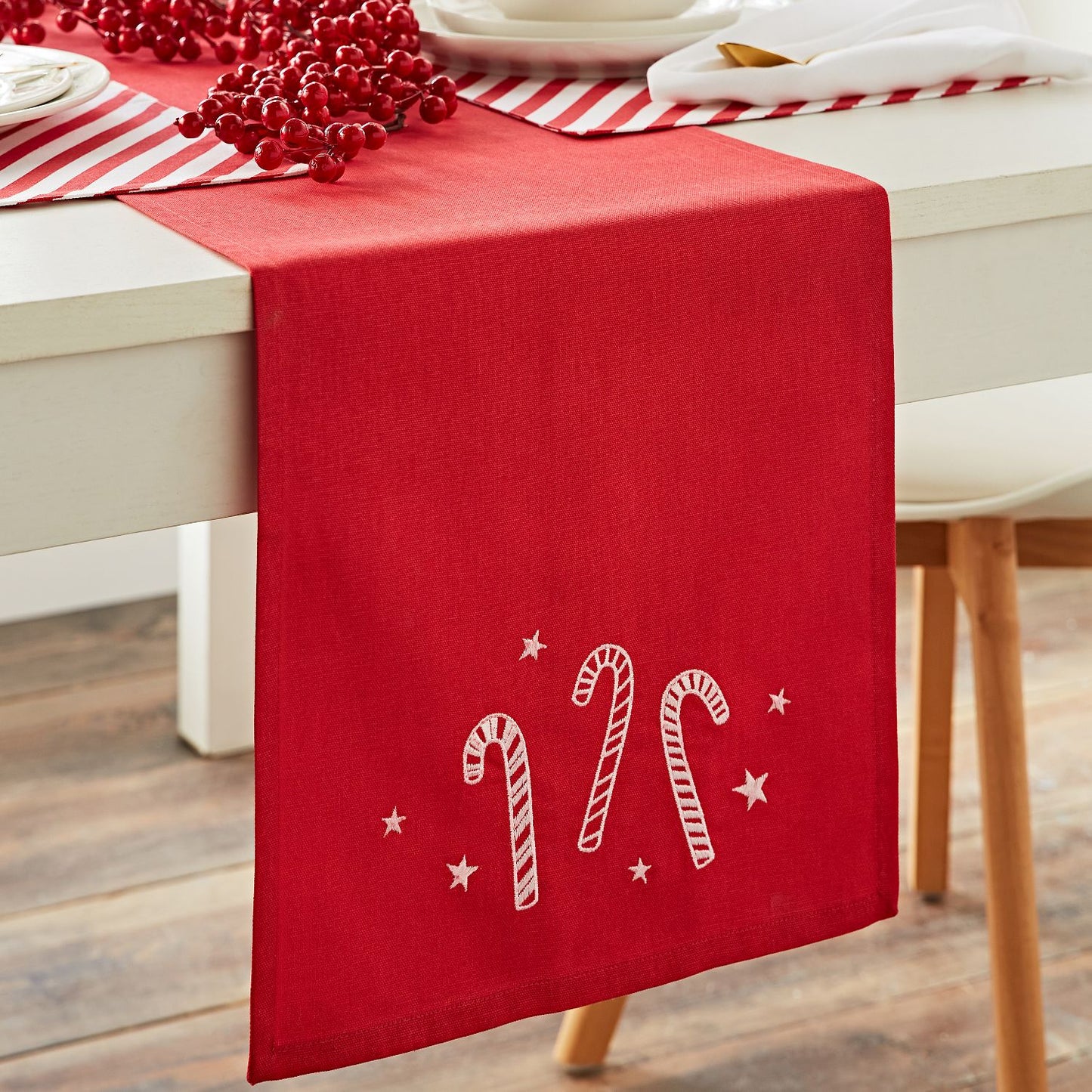 Catherine Lansfield Christmas Candy Cane Embroidered Cotton Table Runner