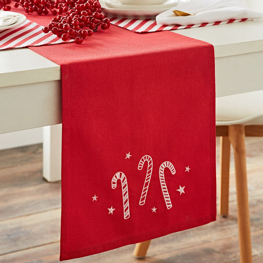 Catherine Lansfield Christmas Candy Cane Embroidered Cotton Table Runner