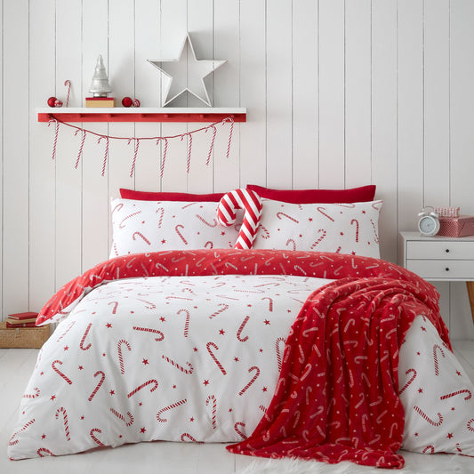 Catherine Lansfield Christmas Candy Cane White Reversible Duvet Set
