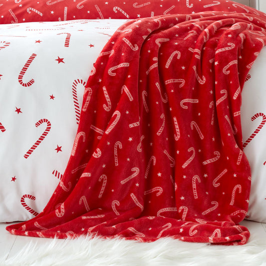 Catherine Lansfield Christmas Candy Cane Red Cosy Fleece Throw