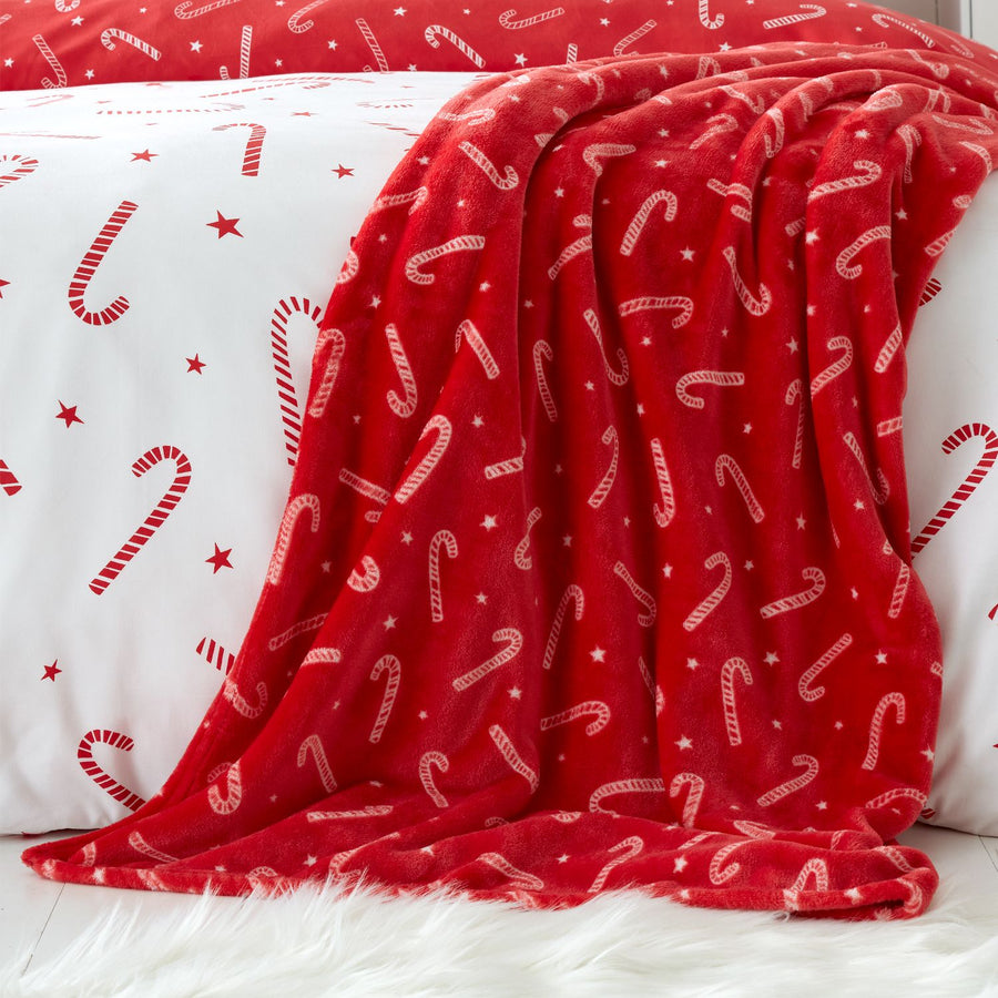 Catherine Lansfield Christmas Candy Cane Red Cosy Fleece Throw