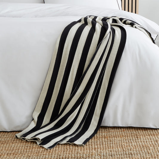 Style Sisters Black And White Knitted Stripe Cotton Blanket Throw (150cm x 180cm)