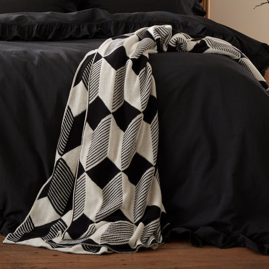 Style Sisters Black Cream Knitted Cube Cotton Blanket Throw (150cm x 180cm)