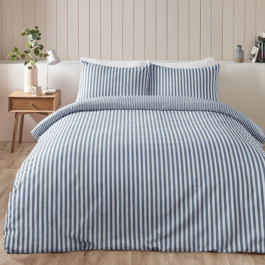 Catherine Lansfield Blue Stripe Brushed Cotton Reversible Duvet Set