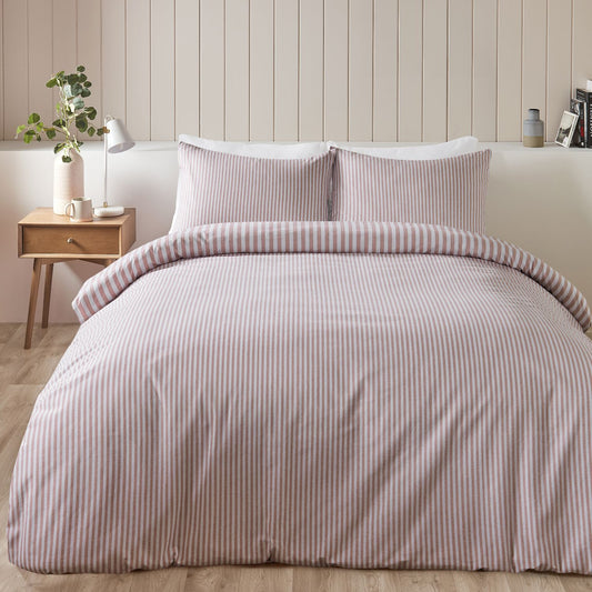 Catherine Lansfield Blush Pink Stripe Brushed Cotton Reversible Duvet Set