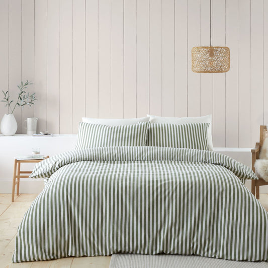 Catherine Lansfield Green Stripe Brushed Cotton Reversible Duvet Set