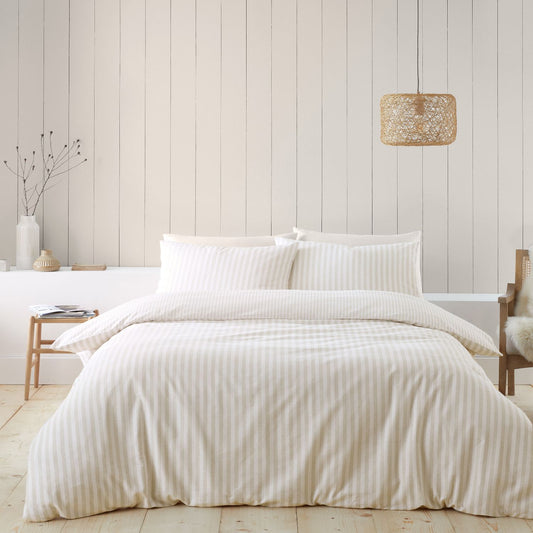 Catherine Lansfield Natural Stripe Brushed Cotton Reversible Duvet Set