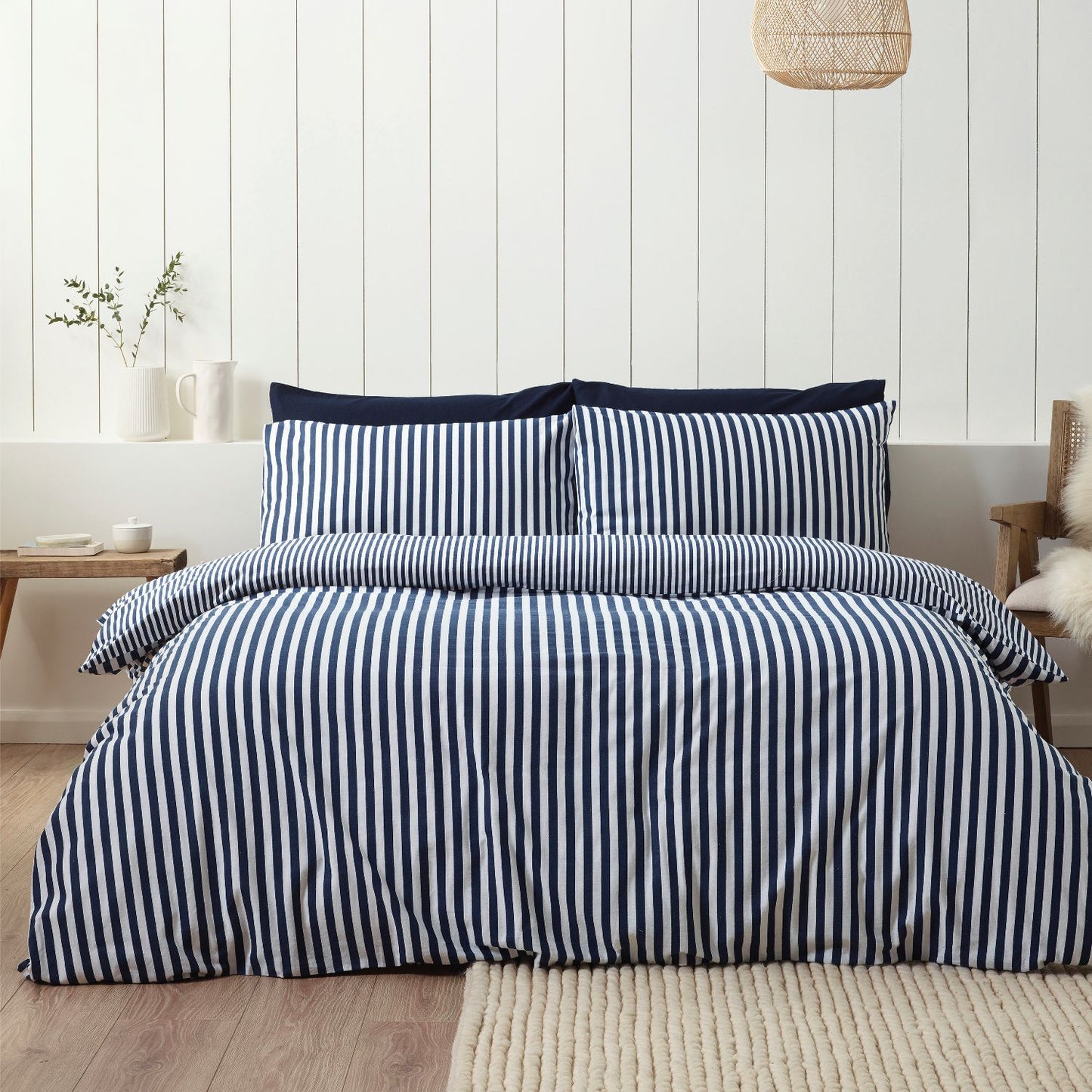 Catherine Lansfield Navy Blue Stripe Brushed Cotton Duvet Set
