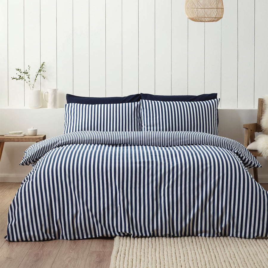 Catherine Lansfield Navy Blue Stripe Brushed Cotton Duvet Set