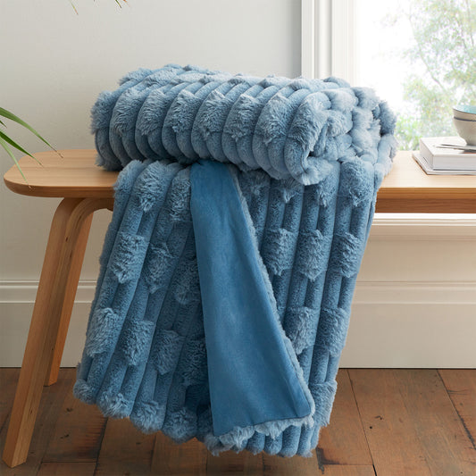 Bianca Blue Carved Faux Fur Blanket Throw (150cm x 200cm)