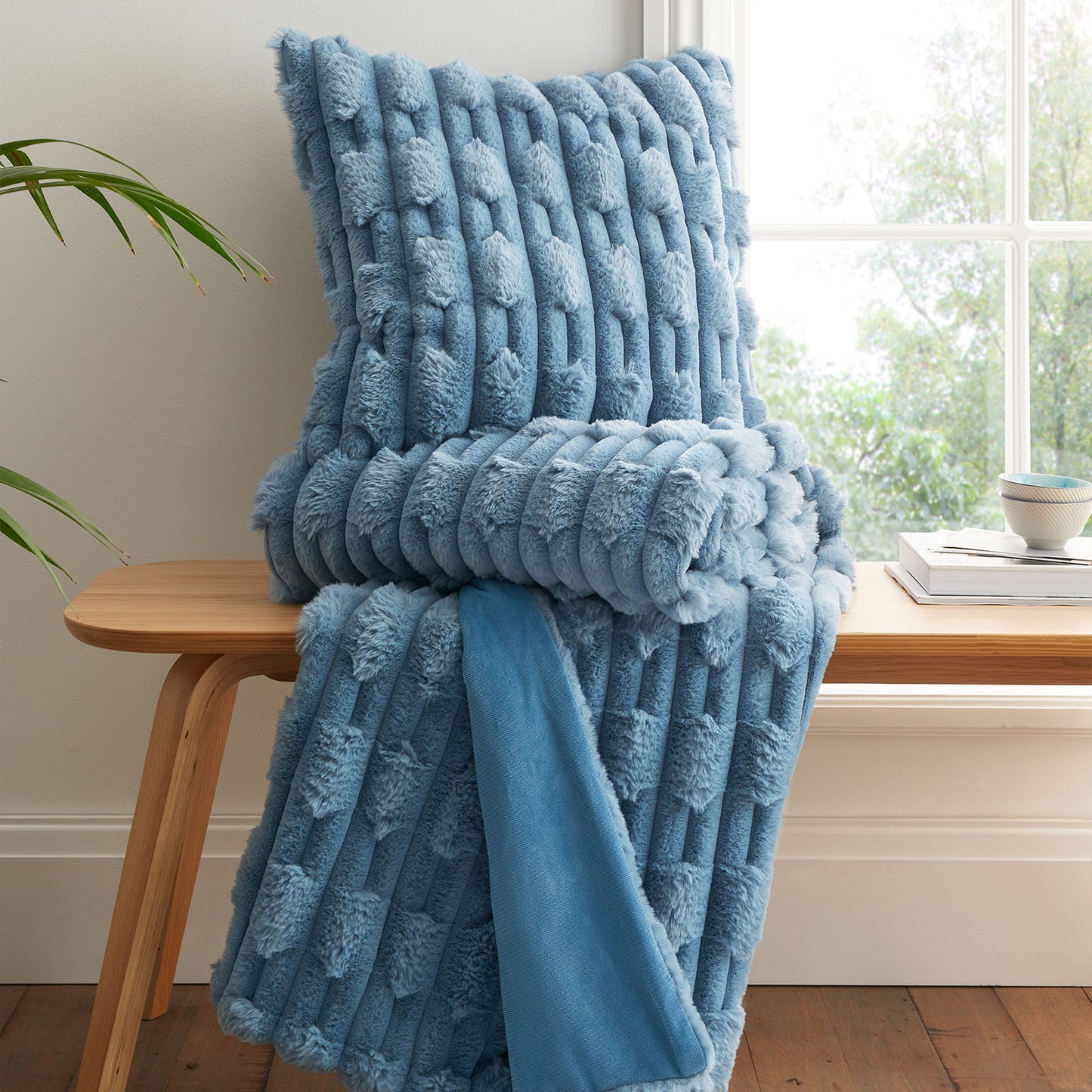 Bianca Blue Carved Faux Fur Large Cushion (50cm x 50cm)