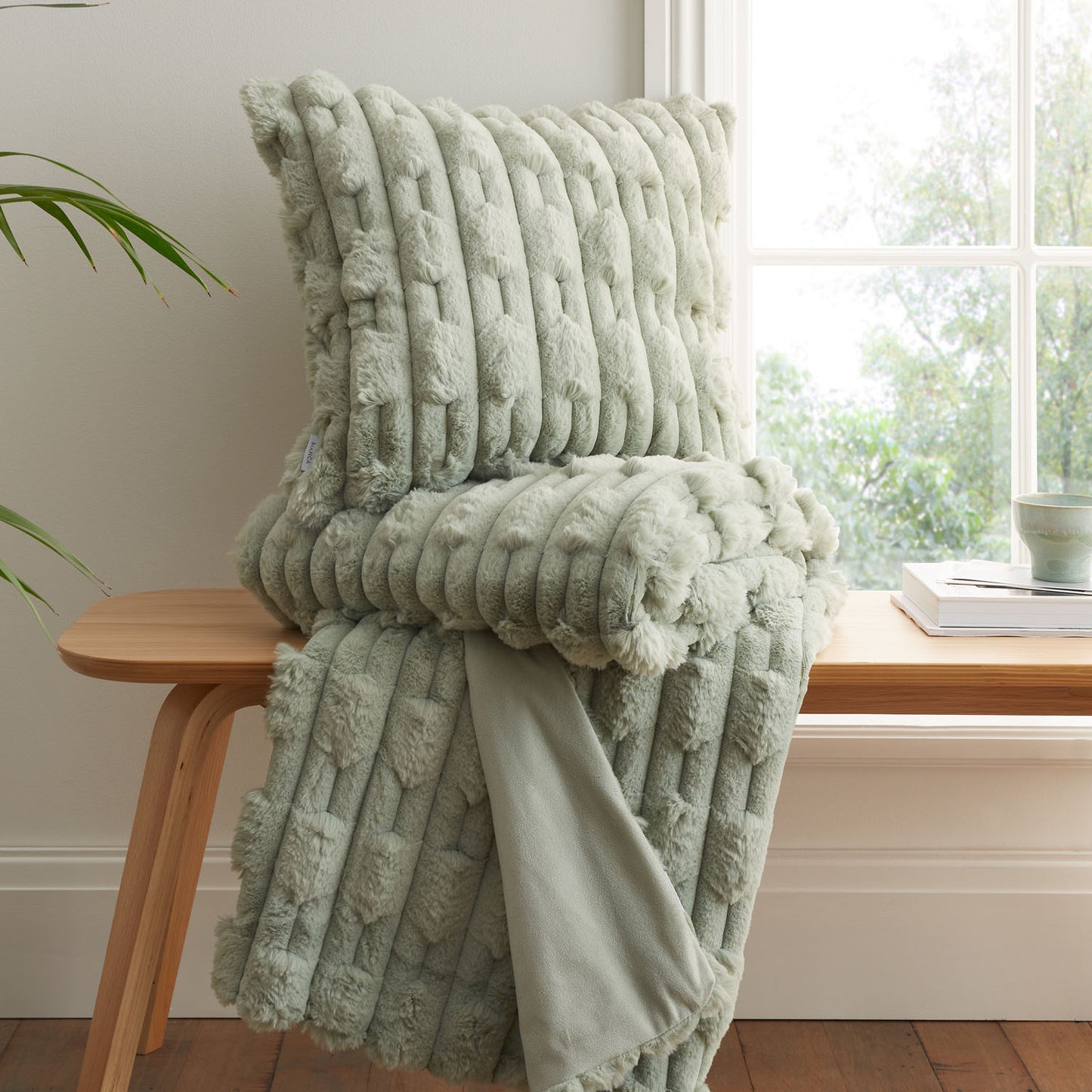 Bianca So Soft Sage Green Carved Faux Fur Cushion