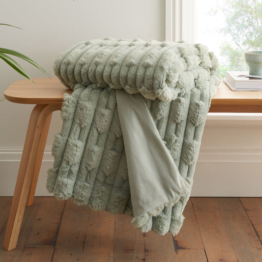 Bianca So Soft Carved Sage Green Faux Fur Blanket Throw