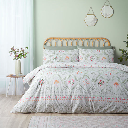 Catherine Lansfield Cameo Floral Soft Green Reversible Duvet Set