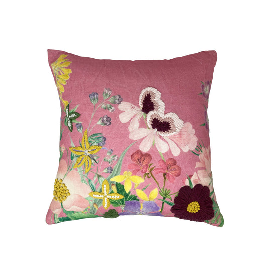 RHS Cottage Meadow Pink Embellished Cotton Cushion (45cm x 45cm)