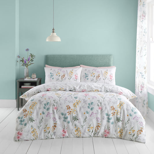 Catherine Lansfield Emilia White and Green Floral Reversible Duvet Set
