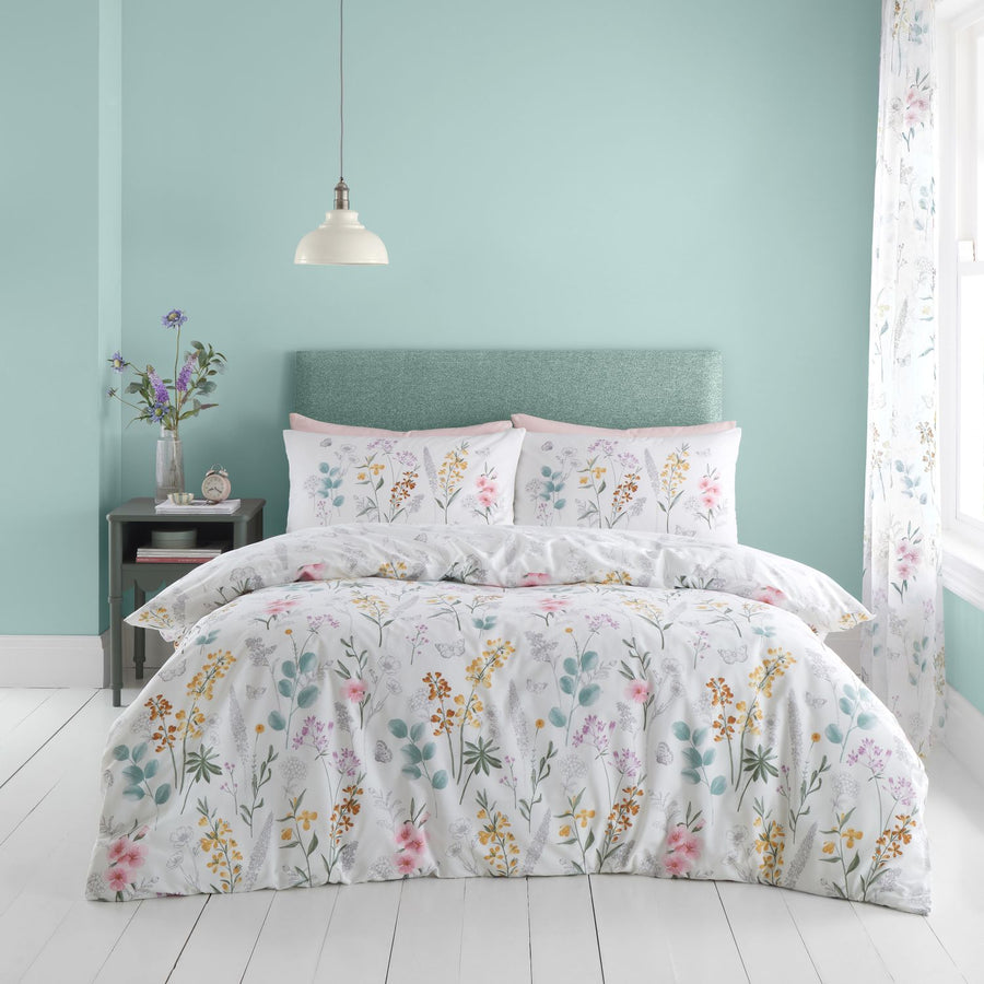 Catherine Lansfield Emilia White and Green Floral Reversible Duvet Set