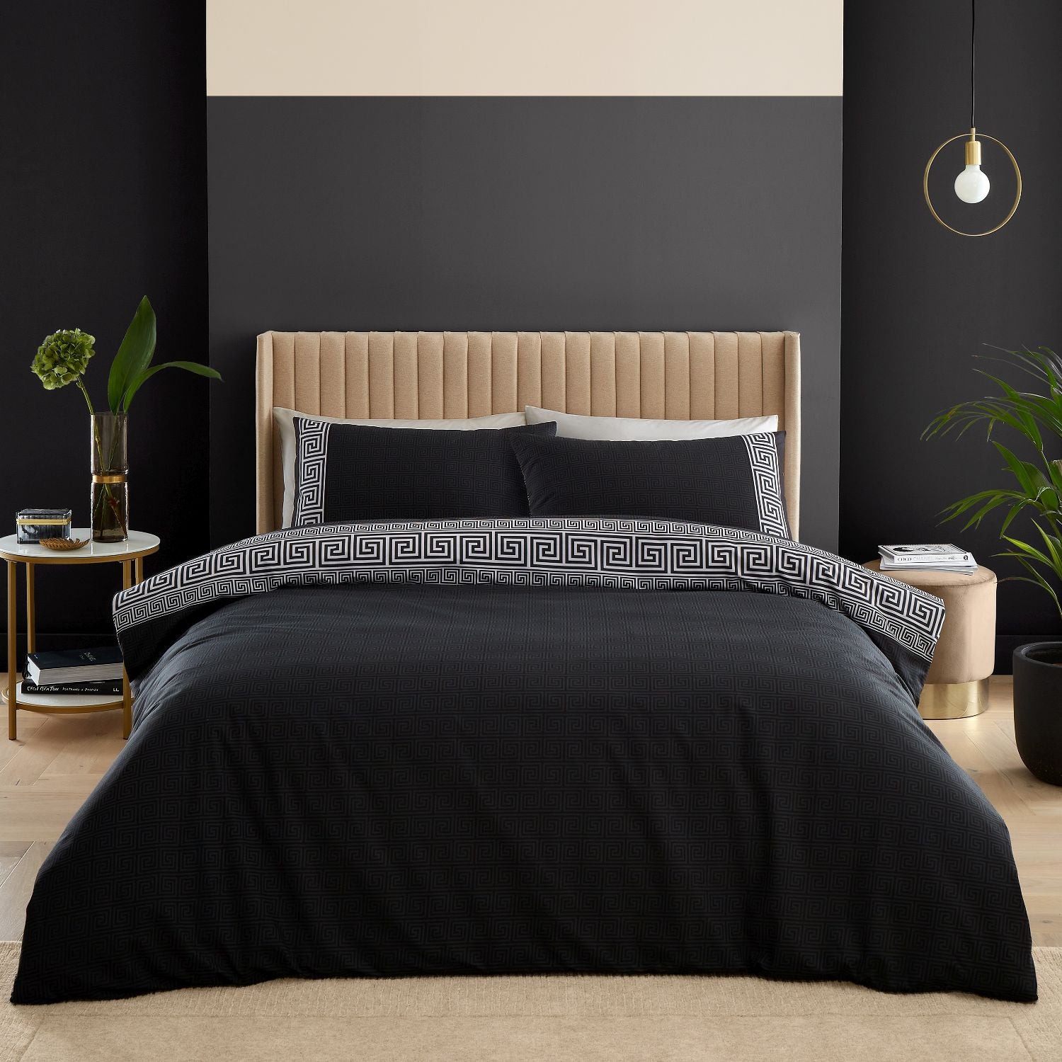 Catherine Lansfield Artemis Black Greek Key Duvet Set | Single, Double ...