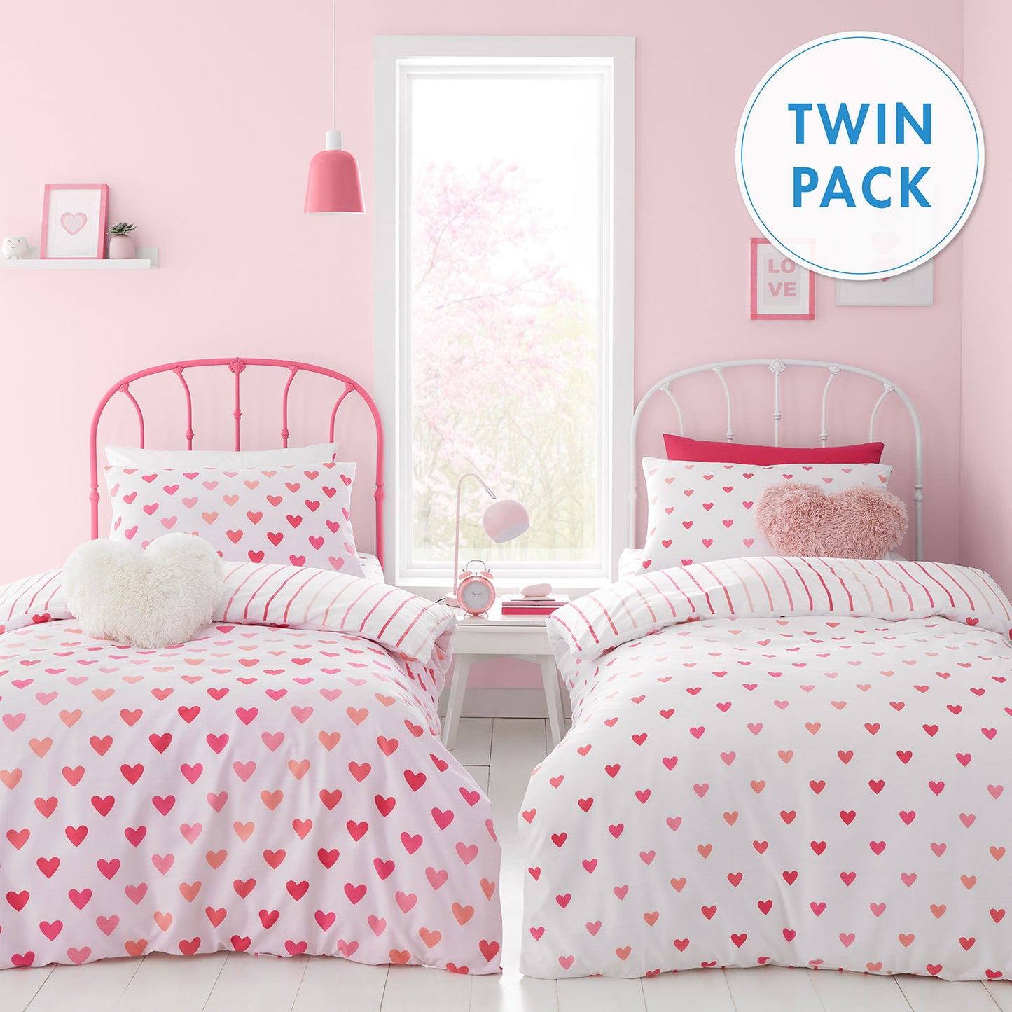 Catherine Lansfield Hearts and Stripes Pink White Duvet Sets (Twin Pack)