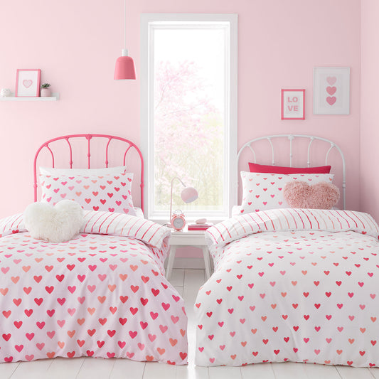 Catherine Lansfield Hearts and Stripes Pink White Duvet Sets (Twin Pack)
