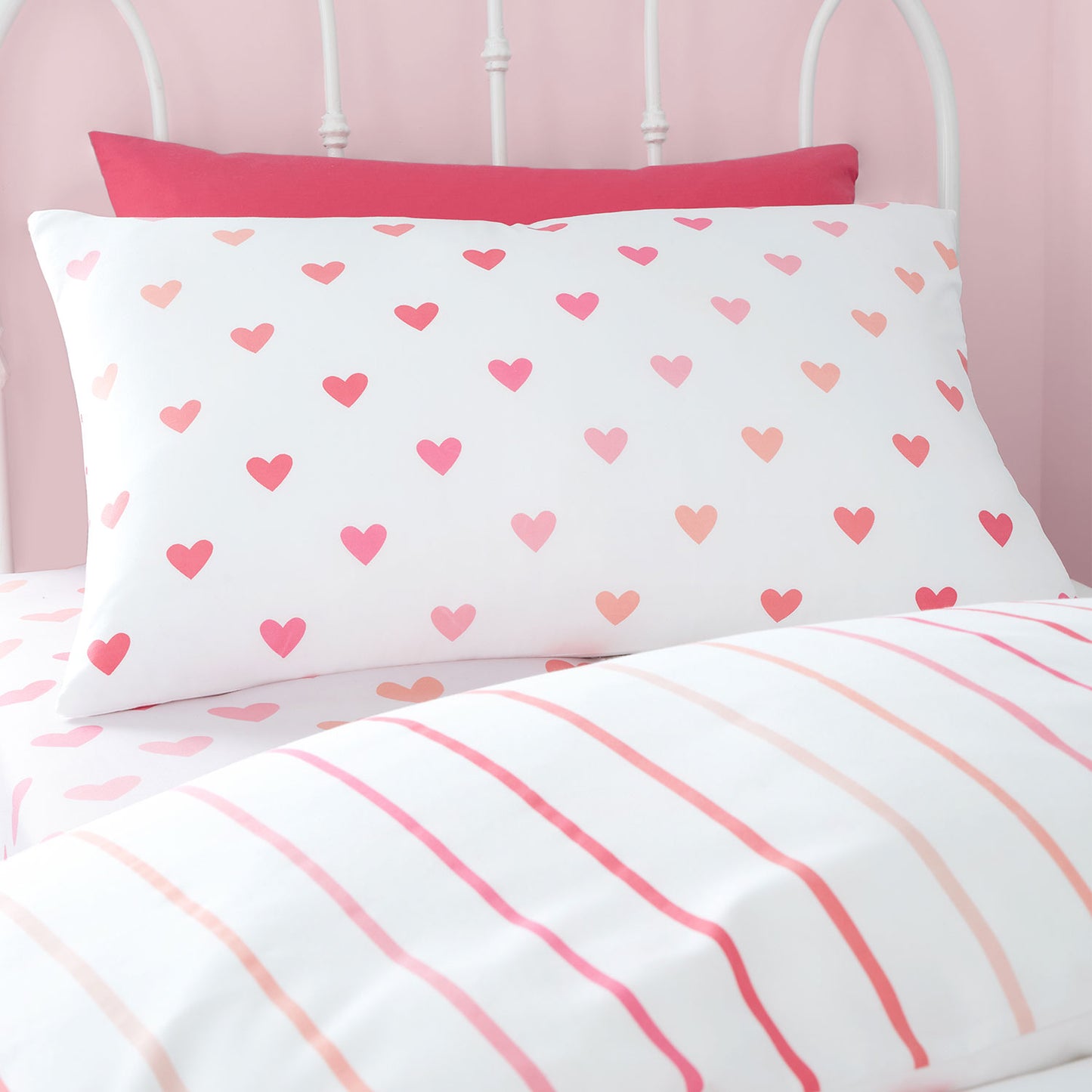 Catherine Lansfield Hearts and Stripes Pink White Duvet Sets (Twin Pack)