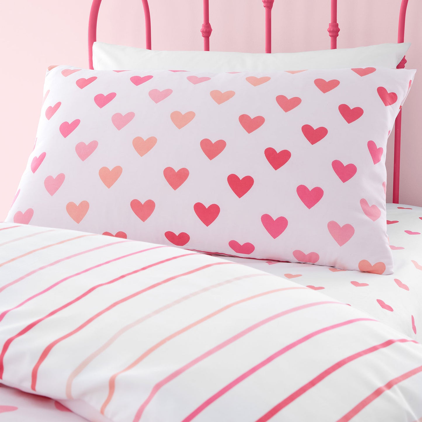 Catherine Lansfield Hearts and Stripes Pink White Duvet Sets (Twin Pack)