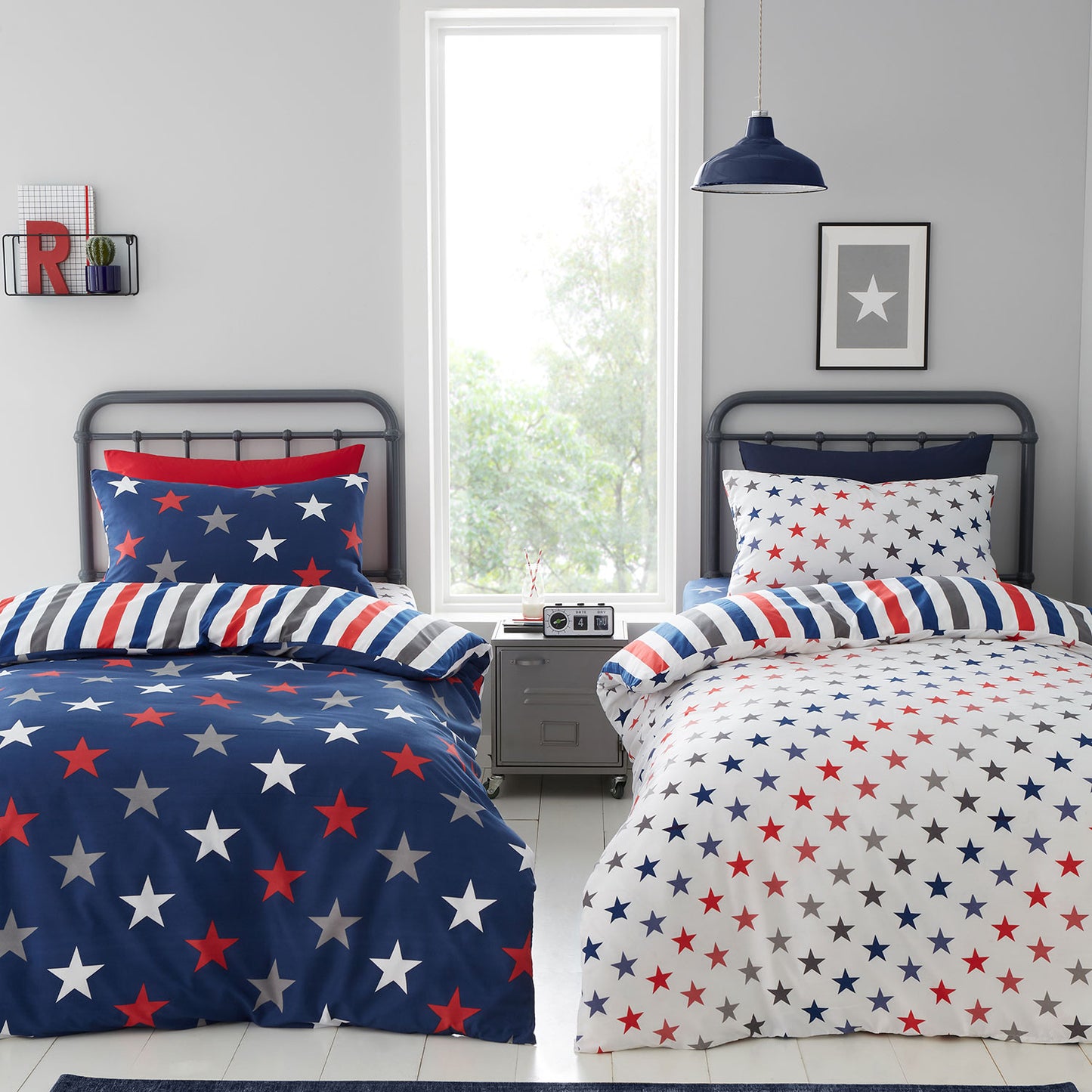 Catherine Lansfield White Blue Stripes and Stars Reversible Duvet Sets (Twin Pack)