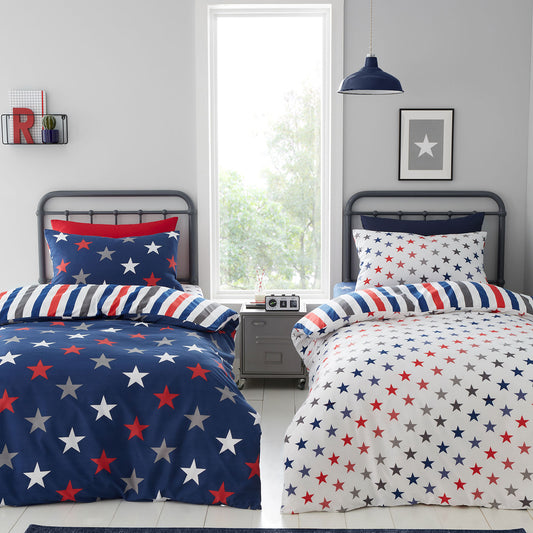 Catherine Lansfield White Blue Stripes and Stars Reversible Duvet Sets (Twin Pack)