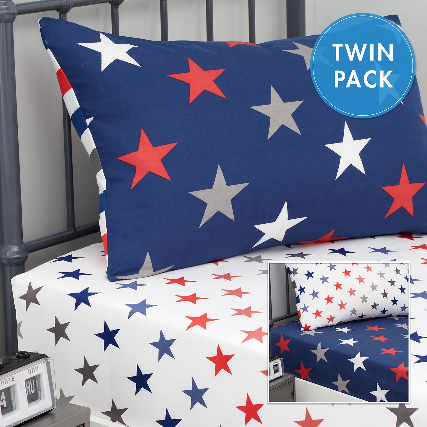 Catherine Lansfield Stripes and Stars White Blue Fitted Sheets (Twin Pack)