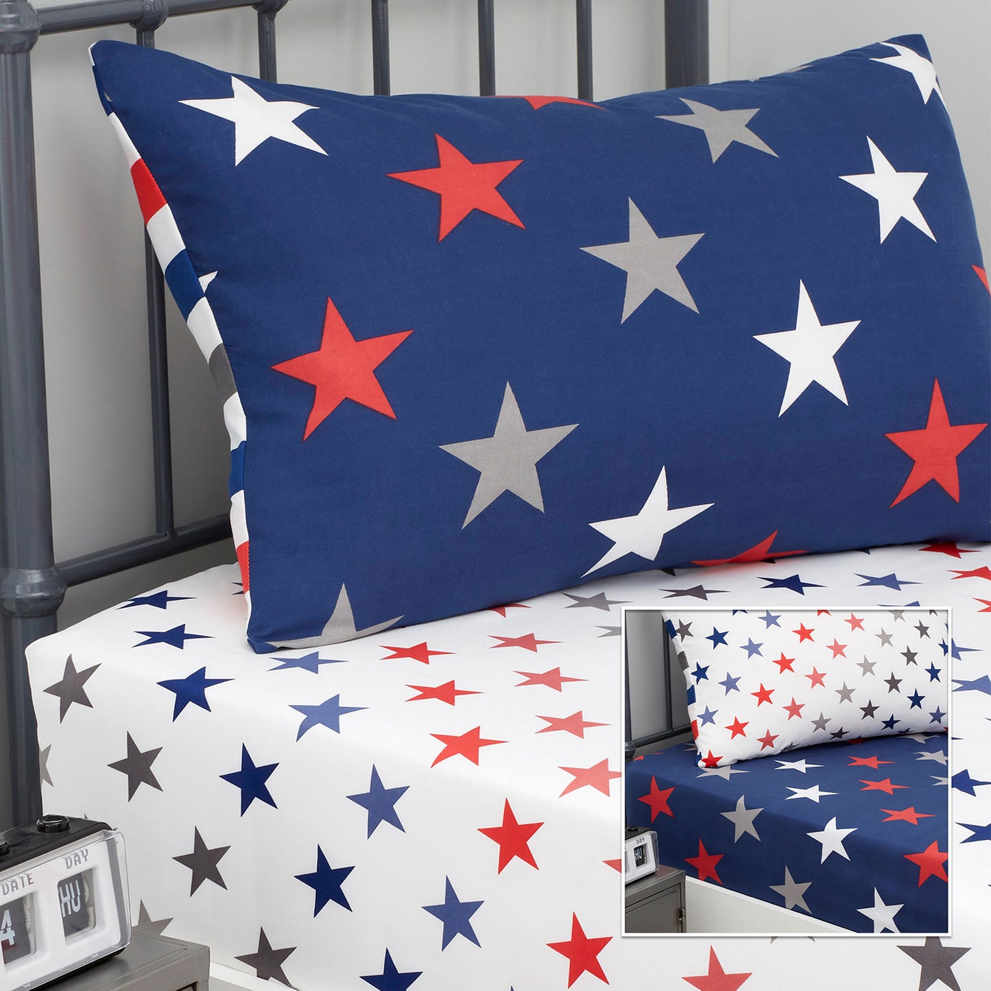 Catherine Lansfield Stripes and Stars White Blue Fitted Sheets (Twin Pack)