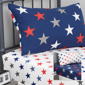 Catherine Lansfield Stripes and Stars White Blue Fitted Sheets (Twin Pack)