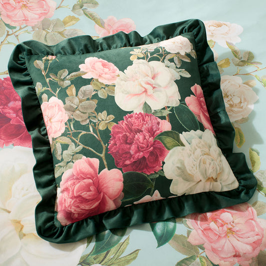RHS Rose Garden Green Frill Large Velour Cushion (50cm x 50cm)