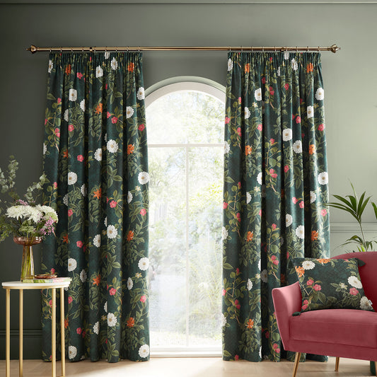 RHS Arcadia Floral Green Soft Touch Velour Pencil Pleat Curtains