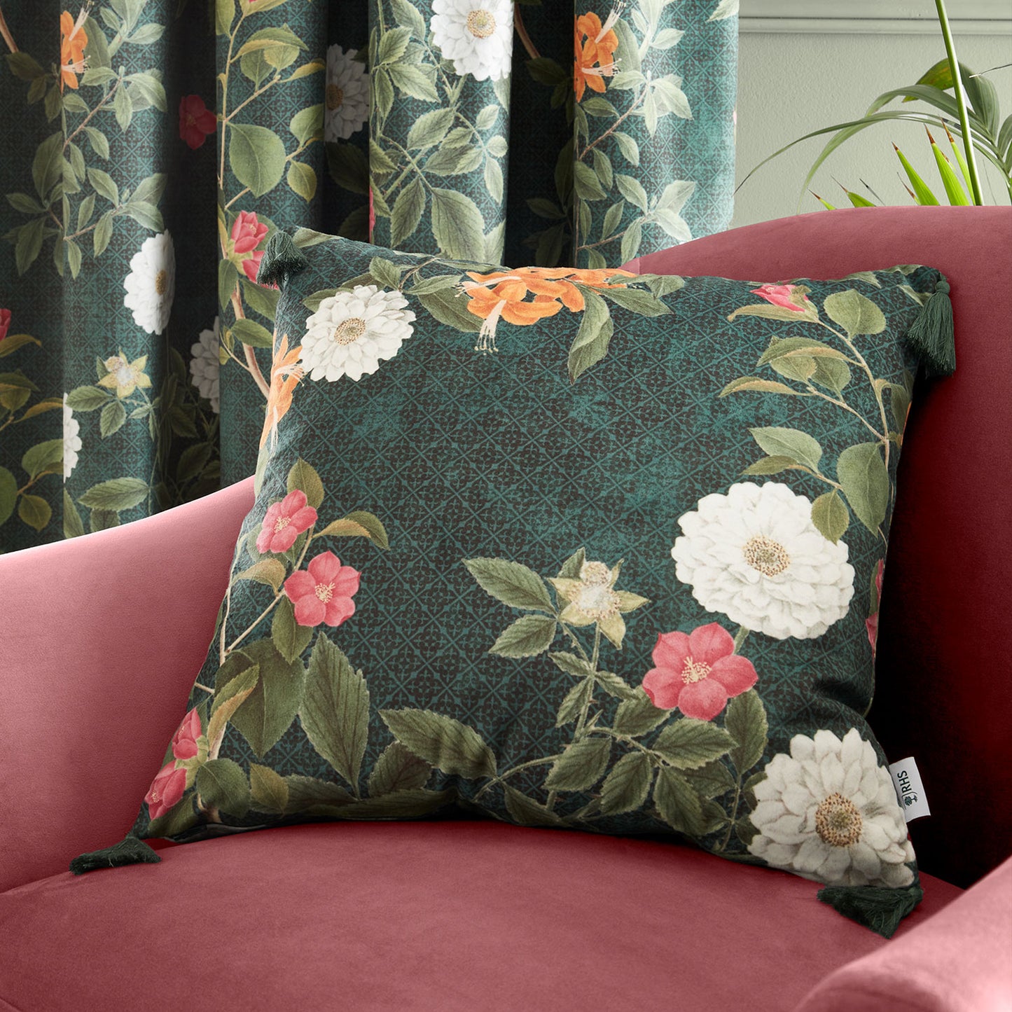 RHS Arcadia Floral Green Tassel Large Velour Cushion (50cm x 50cm)