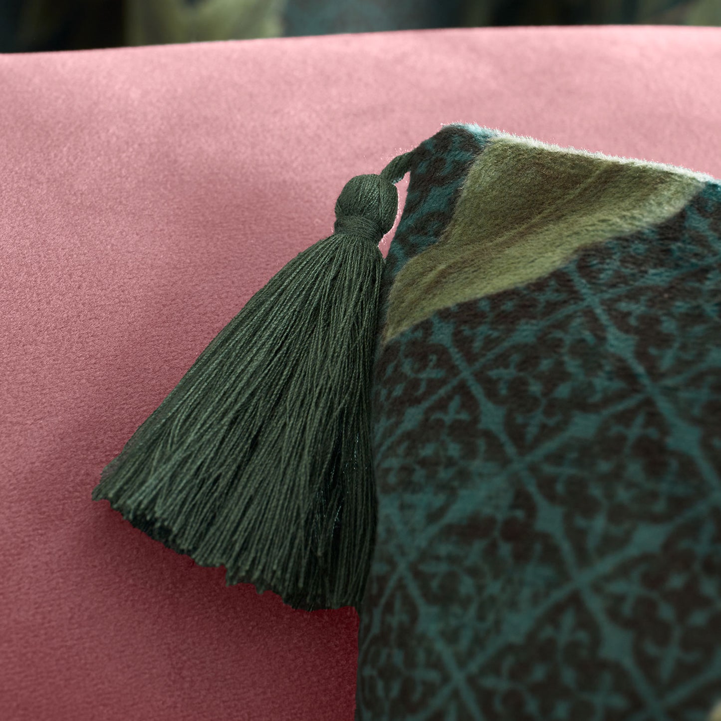 RHS Arcadia Floral Green Tassel Large Velour Cushion (50cm x 50cm)