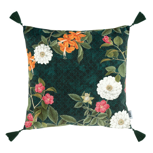 RHS Arcadia Floral Green Tassel Large Velour Cushion (50cm x 50cm)