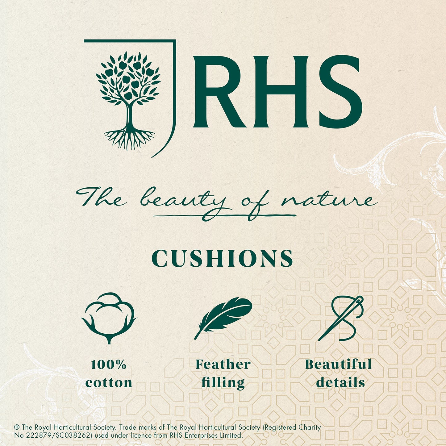 RHS Arcadia Floral Green Tassel Large Velour Cushion (50cm x 50cm)