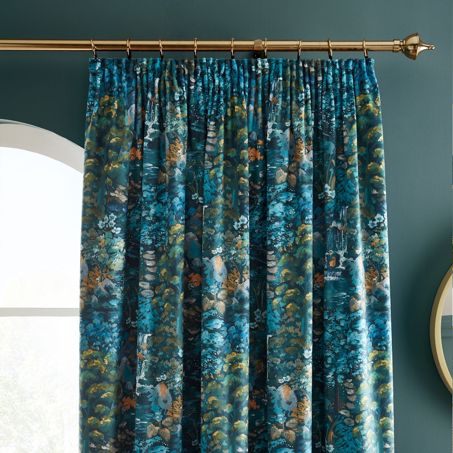 RHS Garden Walk Green Soft Touch Velour Pencil Pleat Curtains