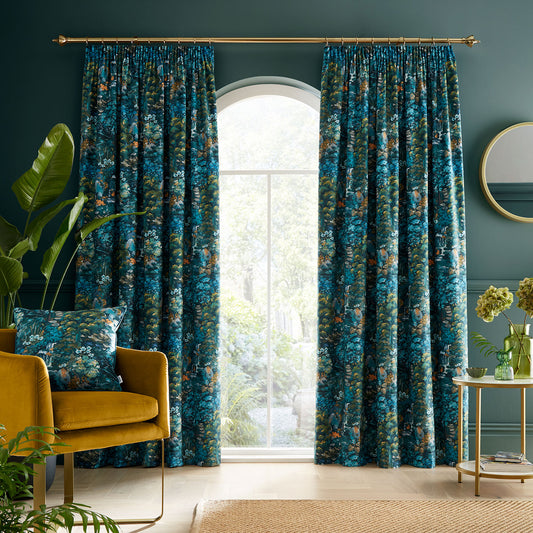 RHS Garden Walk Green Soft Touch Velour Pencil Pleat Curtains
