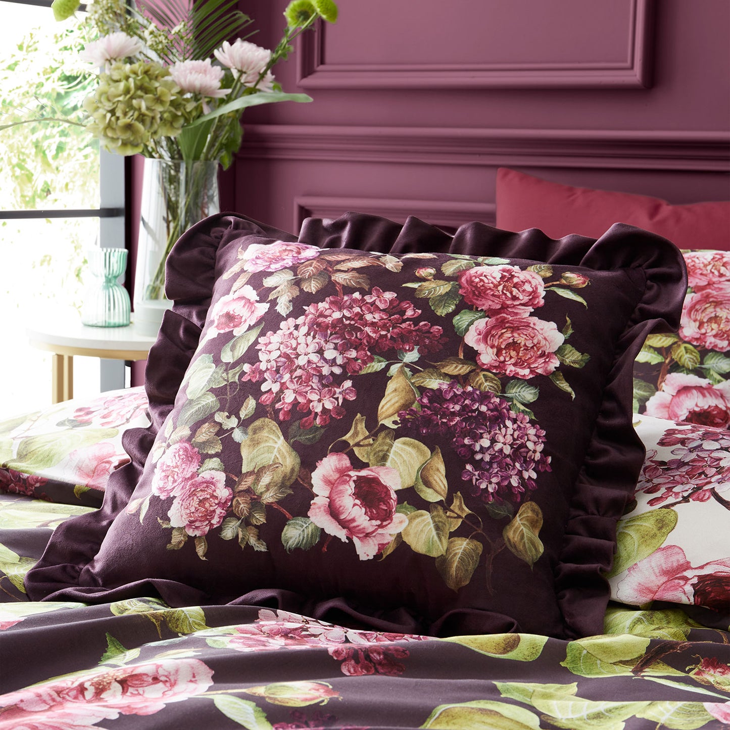 RHS Pia Floral Plum Frill Large Velour Cushion (50cm x 50 cm)