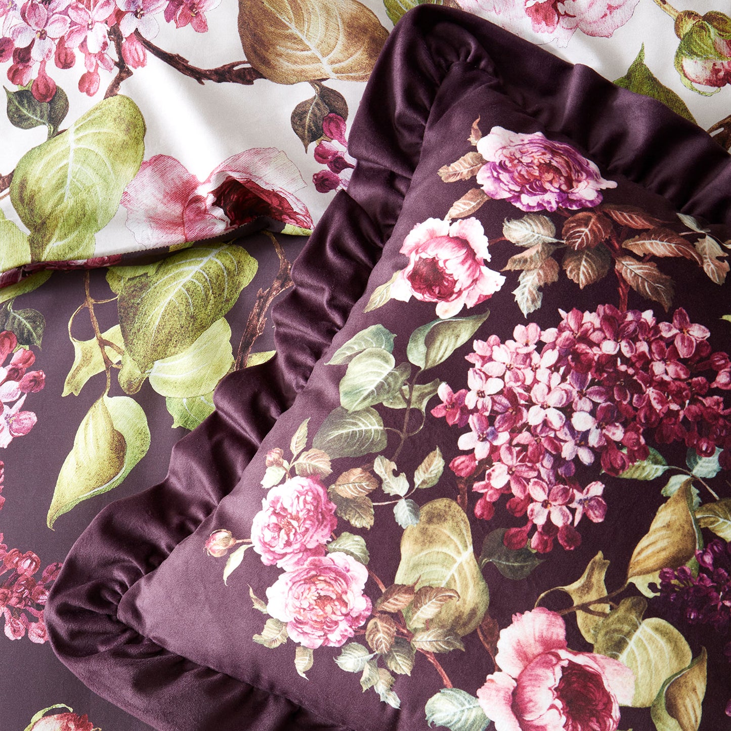 RHS Pia Floral Plum Frill Large Velour Cushion (50cm x 50 cm)