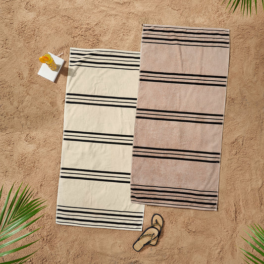 Catherine Lansfield Banded Stripe Cream/Natural Cotton Beach Towel Pair