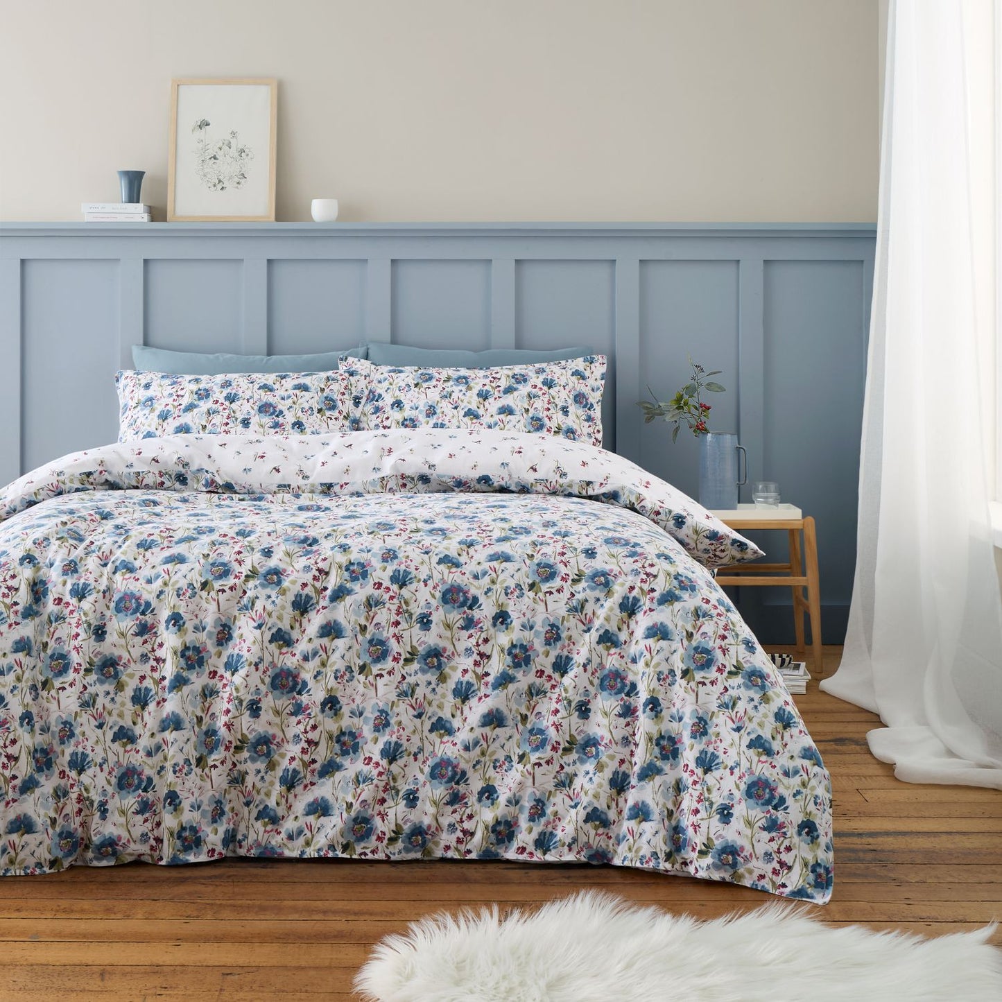 Bianca Ophelia Blue Reversible Brushed Cotton Floral Duvet Set