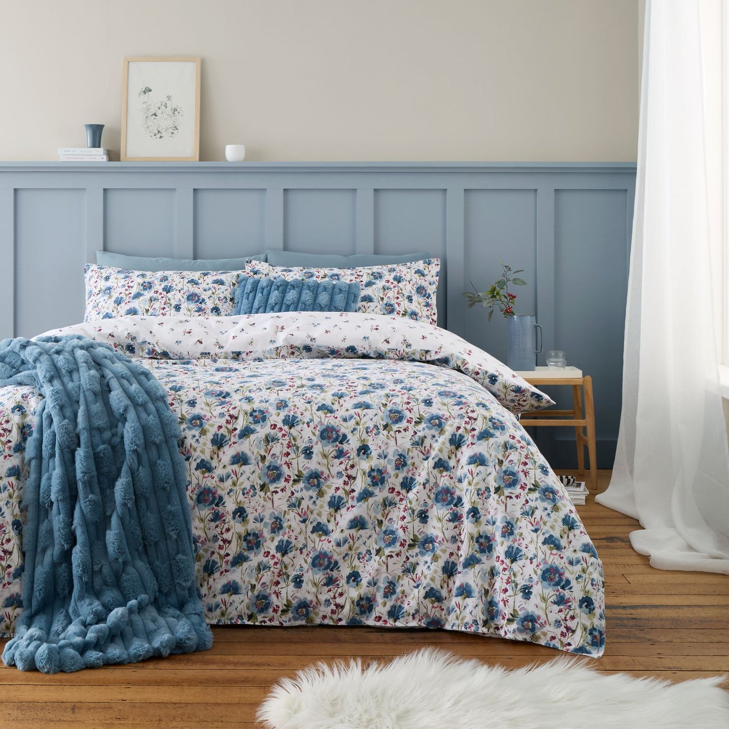 Bianca Ophelia Blue Reversible Brushed Cotton Floral Duvet Set