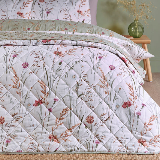 Catherine Lansfield Grasmere Green Floral Brushed Cotton Quilted Bedspread