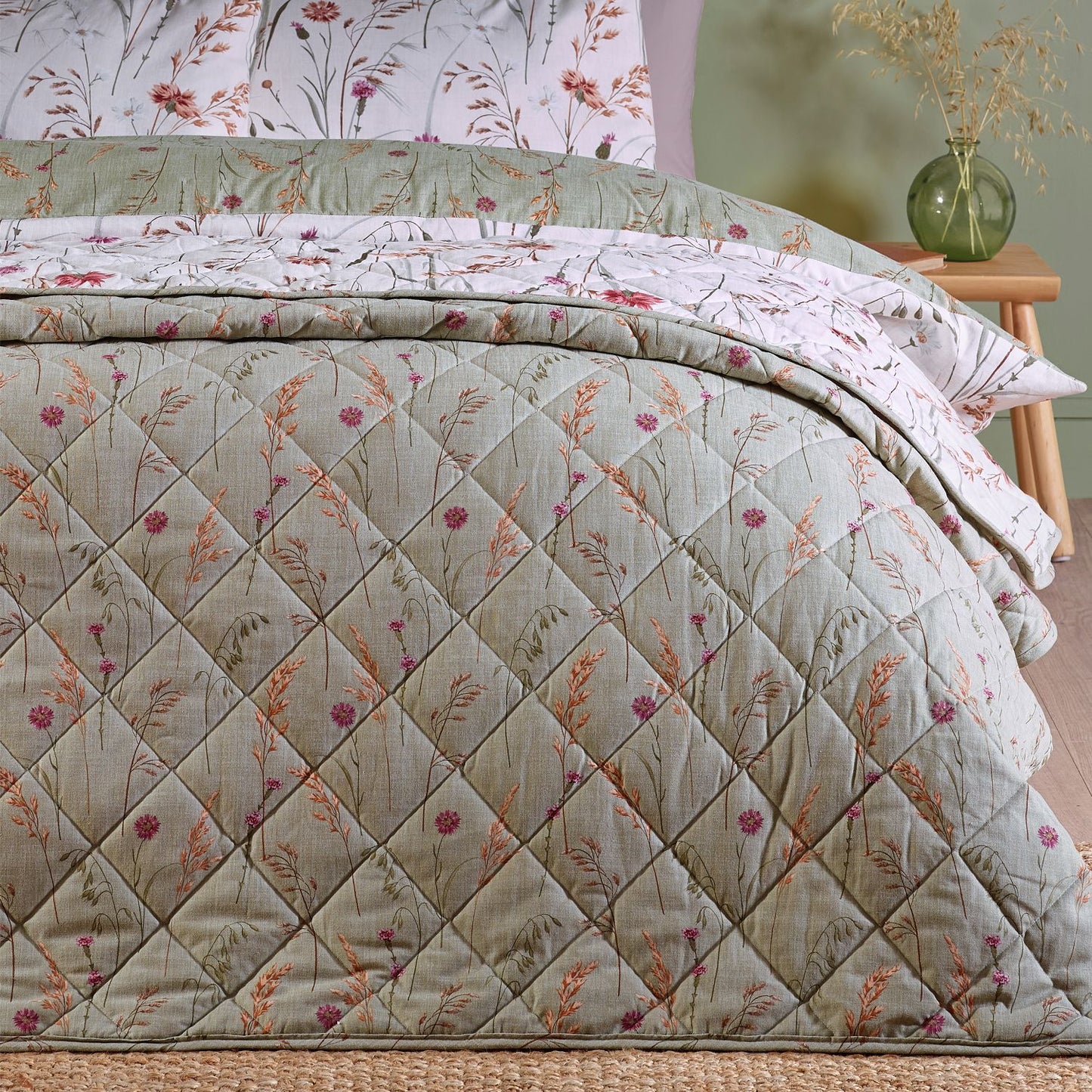 Catherine Lansfield Grasmere Green Floral Brushed Cotton Quilted Bedspread