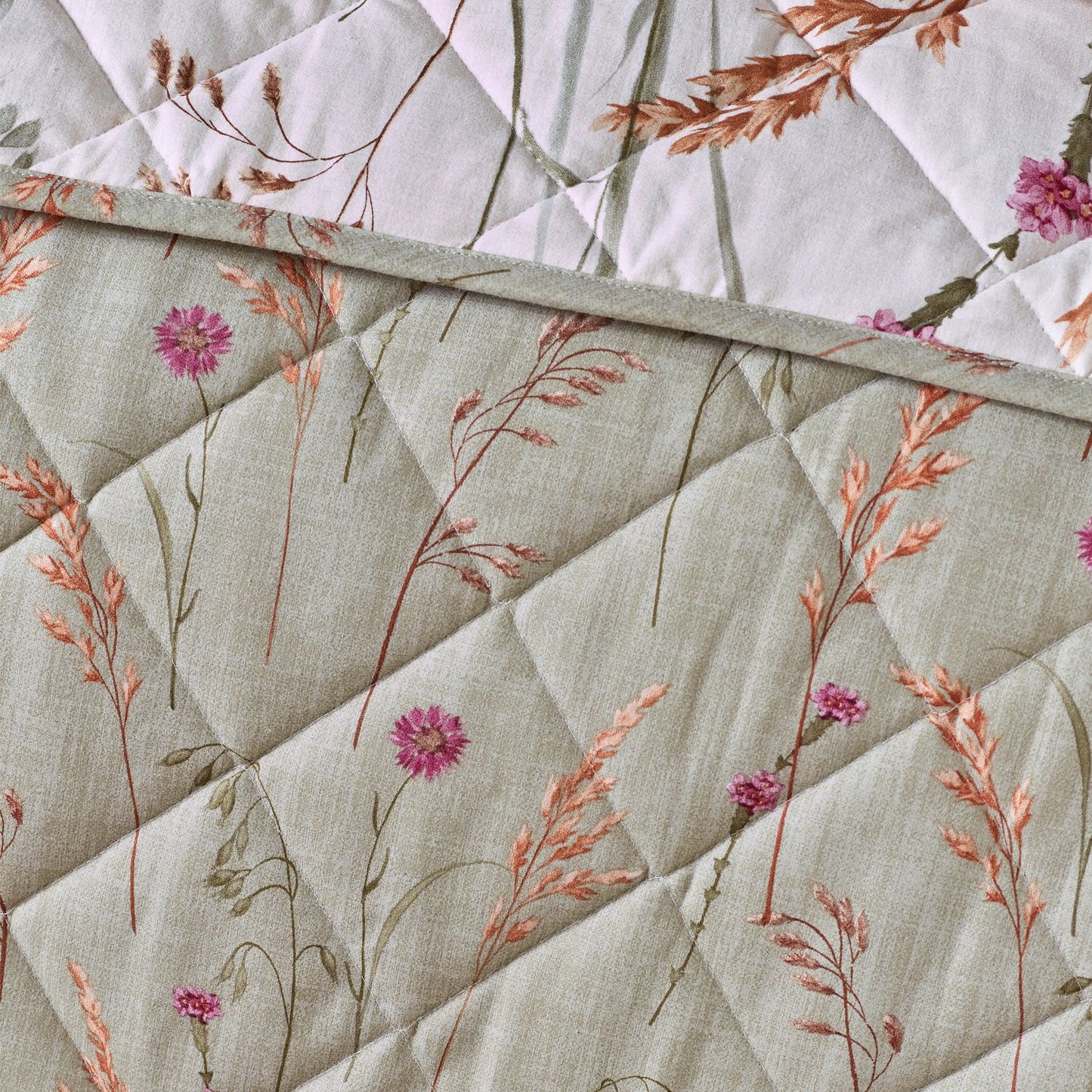 Catherine Lansfield Grasmere Green Floral Brushed Cotton Quilted Bedspread