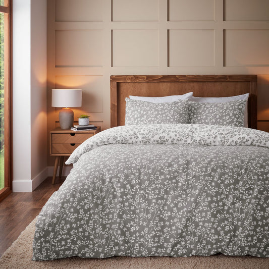 Catherine Lansfield Brushed Grace Floral Leaf Grey Cotton Duvet Set