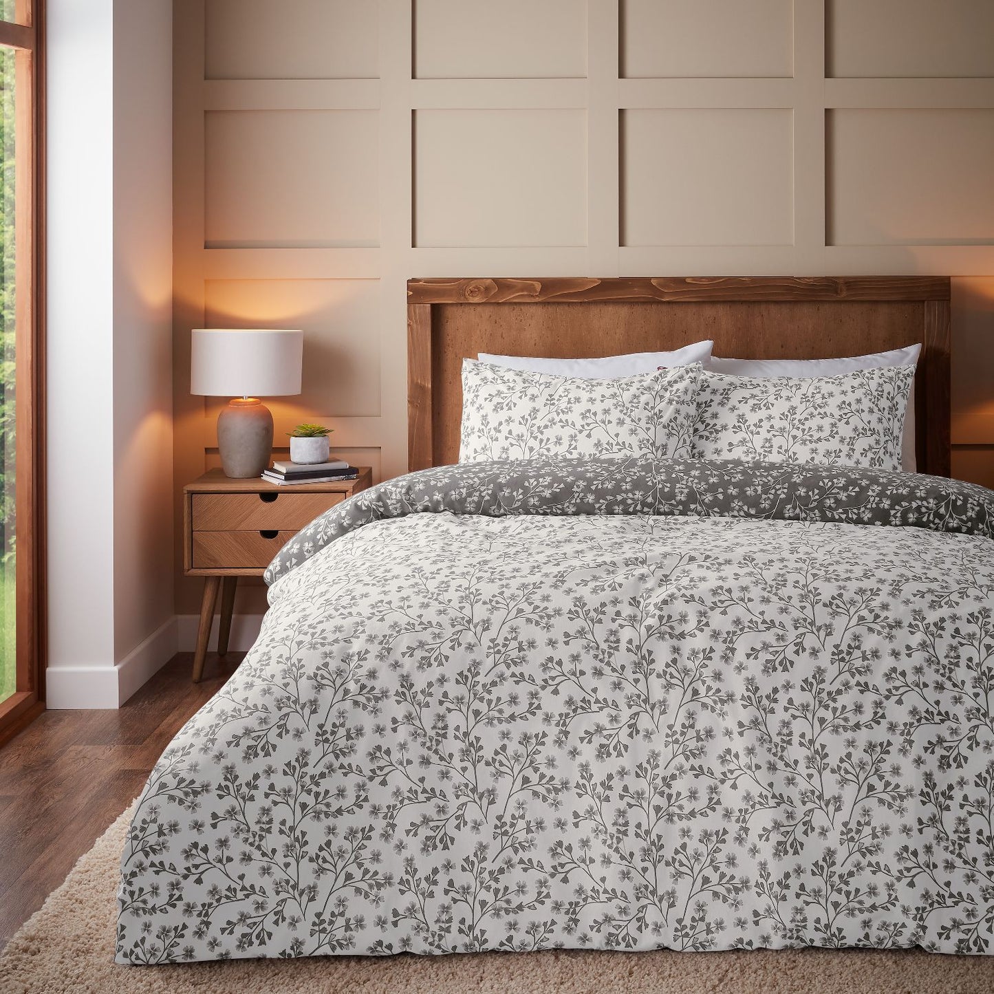 Catherine Lansfield Brushed Grace Floral Leaf Grey Cotton Duvet Set