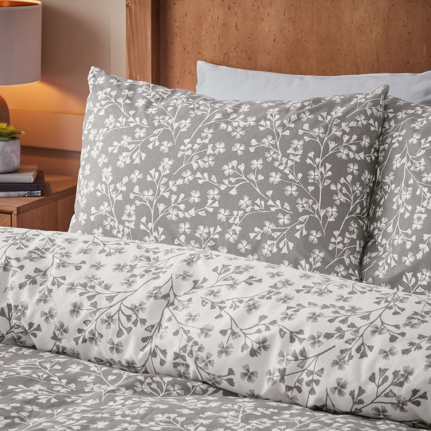 Catherine Lansfield Brushed Grace Floral Leaf Grey Cotton Duvet Set
